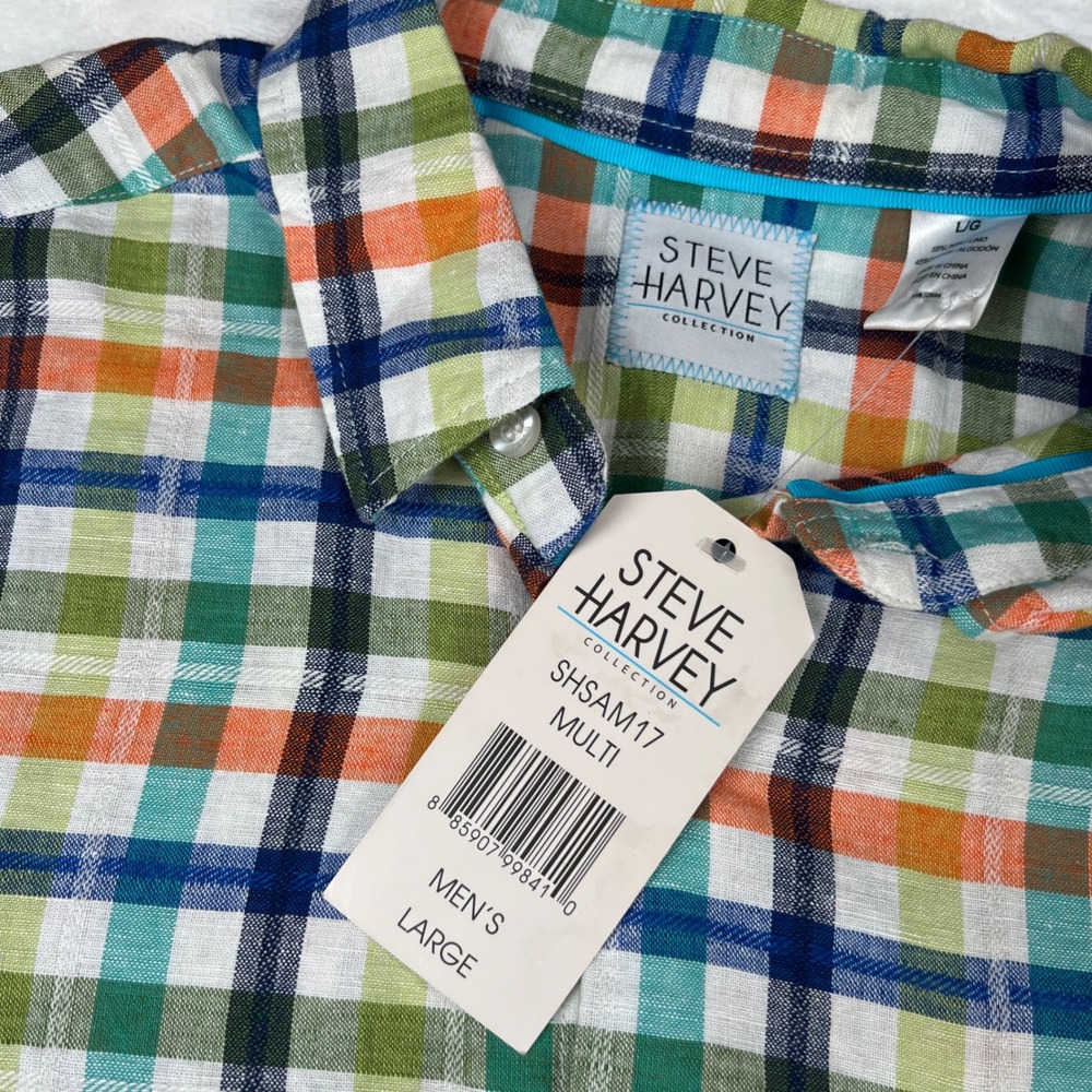Steve Harvey Collection Mens Large Multi Color Plaid Linen Cotton Shirt Summer!